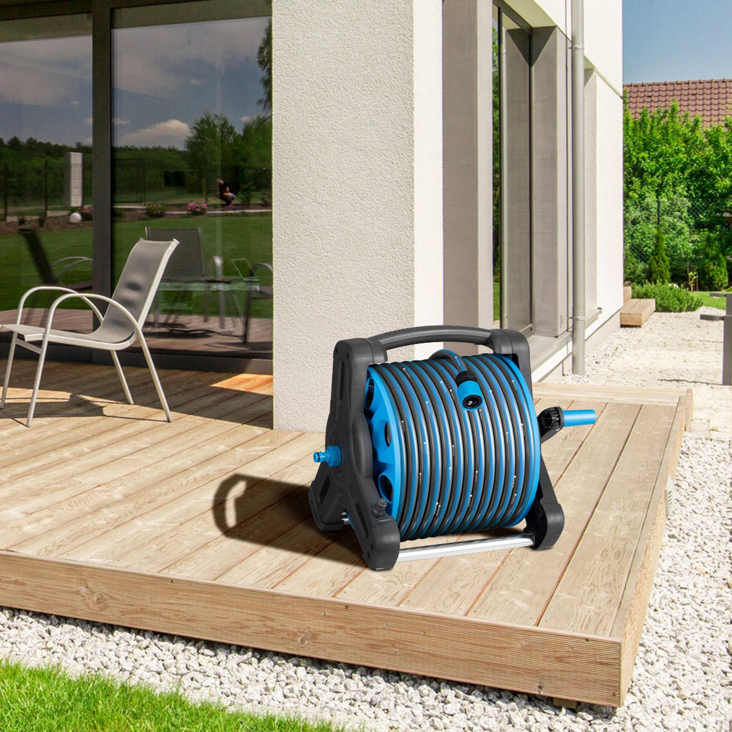 SCHLAUCHTROMMEL Basic blau / dunkelgrau Wasserschlauch & Multifunktionshandbrause - Blau, Kunststoff (3000cm) - Juskys