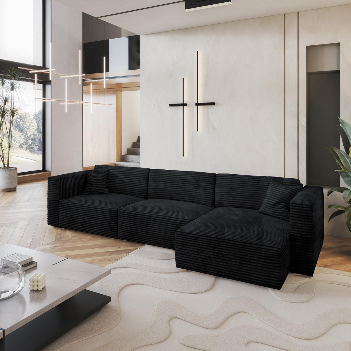 ECKSOFA TOLMO Schwarz Kordstoff mit Schlaffunktion - Schwarz, Holz (347/148cm) - MASSENO