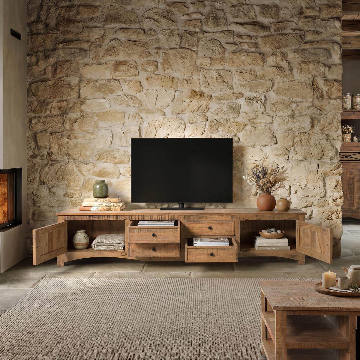 TV-BOARD Akazie 240x40x50 natur versiegelt NATURE OF SPIRIT #243 - Naturfarben, Holz (40/50/240cm) - Massivmoebel24