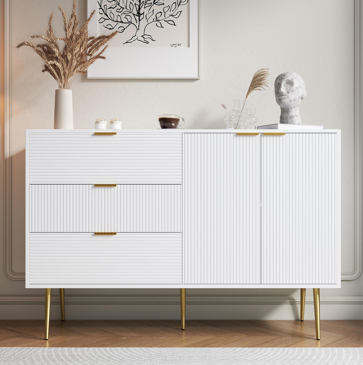 SIDEBOARD 120/38/80,5 cm aus MDF mit Wellenmuster und 3 Schubladen Weiß/Gold - Weiß, Holzwerkstoff (120/80.5/38cm) - Modenvie