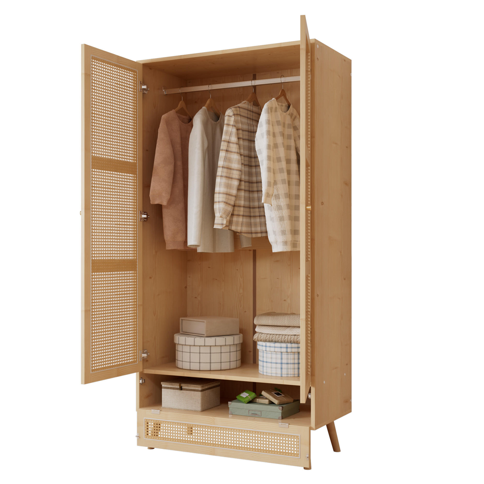 SEITENSCHRANK 2 Türen Rattan Optik Spanplatte PE Rattan Kleiderstange Schuhfach Stauraum - Naturfarben, Holzwerkstoff/Metall (90/183/45cm) - EVRYAE