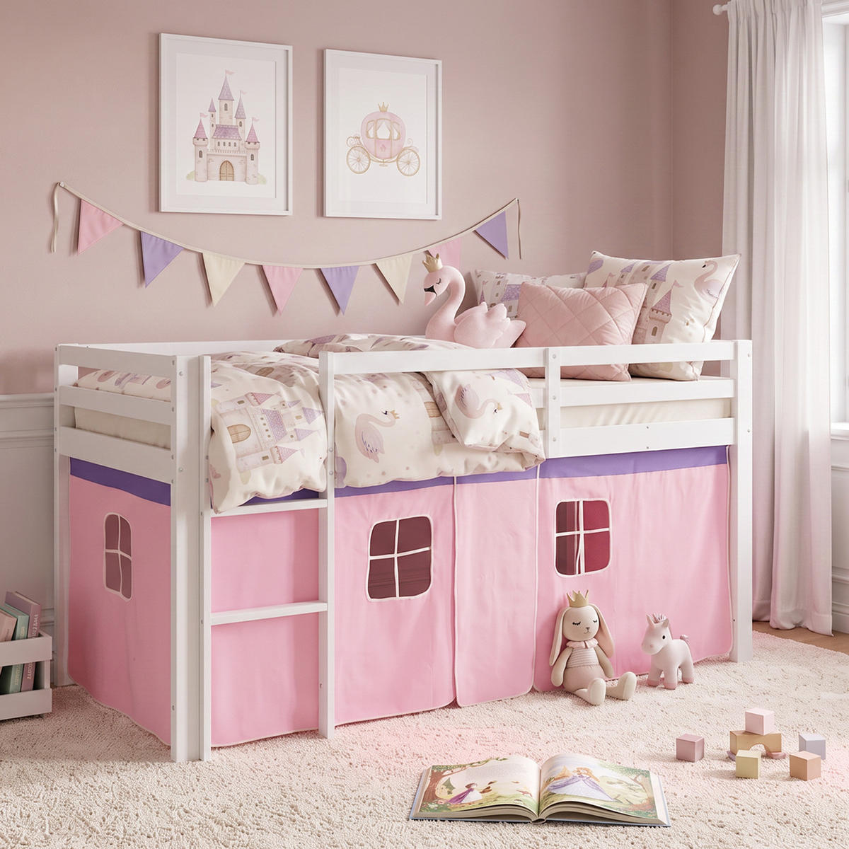 HOCHBETT mit Lattenrost Matratze 90/200 cm Rosa - Weiß/Rosa, Holz (90/200cm) - Homestyle4u