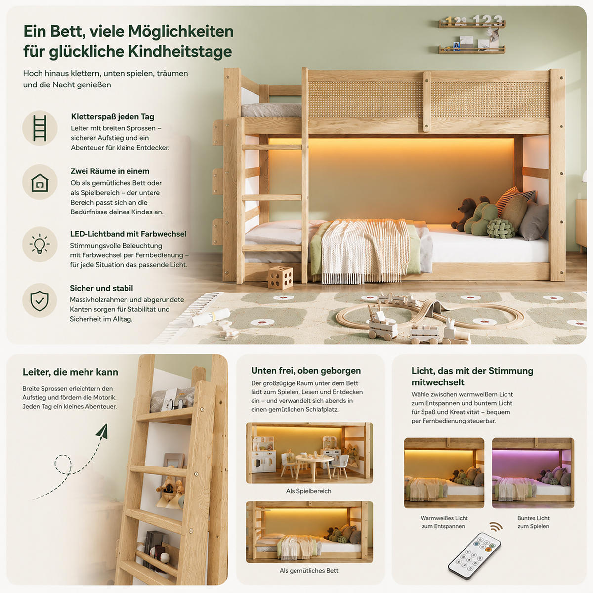 HOCHBETT 90/200 cm in Natur & Weiß mit LED, Ablagen und Treppe - Naturfarben, Holz/Holzwerkstoff (90/200cm) - WISHDOR