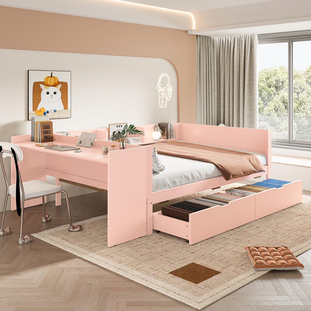 BETT 140x200 cm Tisch Schubladen rosa - Rosa, Holz (140/200cm) - Fortuna Lai