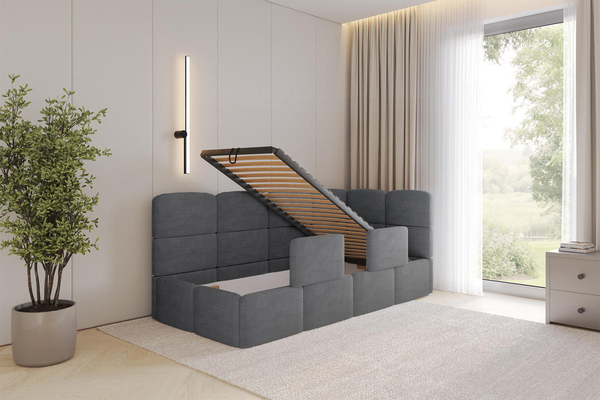 EINZELLBETT Jugendbett mit Bettkasten, Links - KIVY 90x200 Dunkelgrau - Dunkelgrau, Holzwerkstoff/Textil (90/200cm) - ALTDECOR