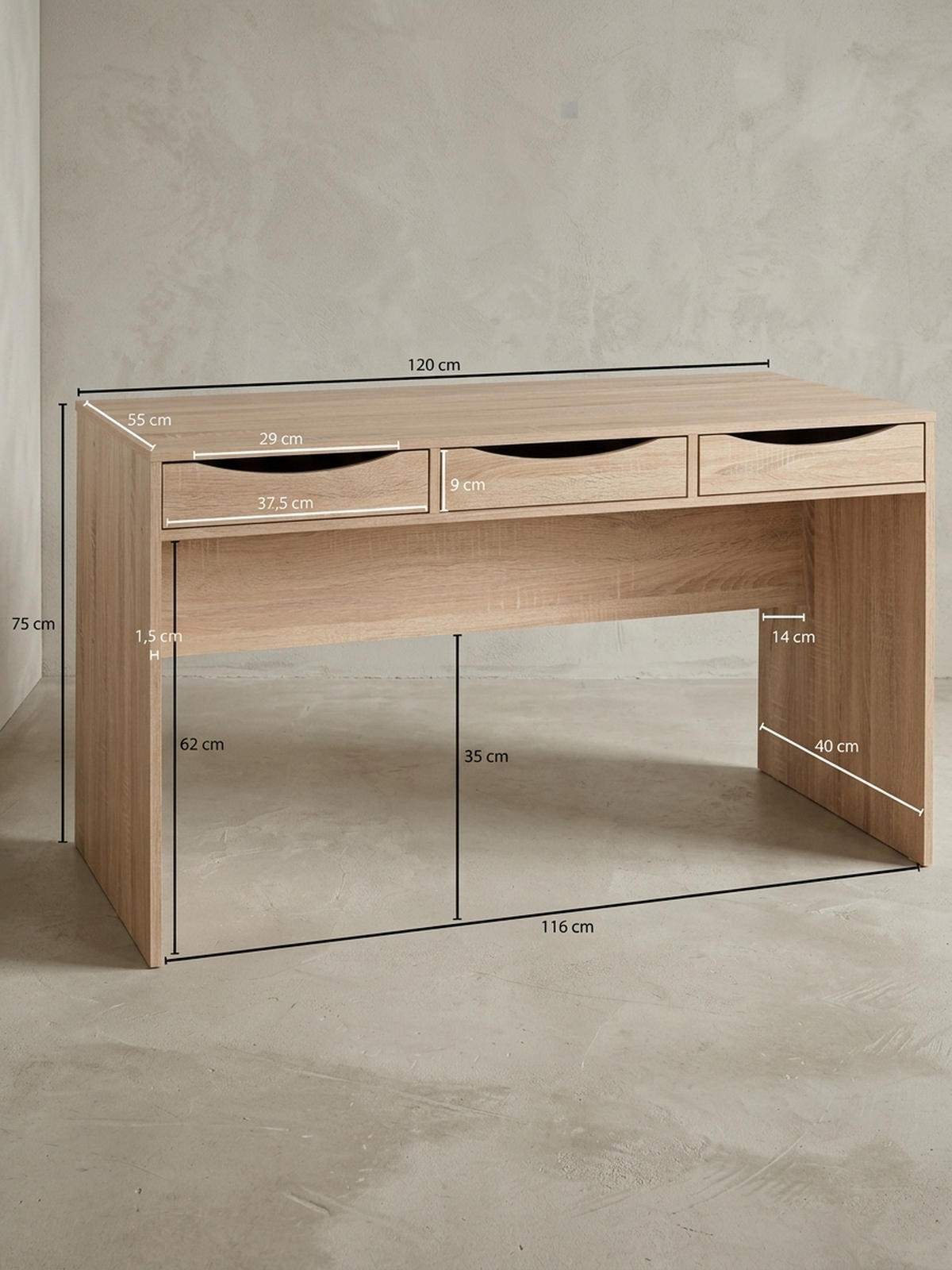 SCHREIBTISCH – Sonoma Eiche, mit Schubladen, praktische Blende, stabil - Beige, Holz (55/120/75cm) - KADIMA DESIGN