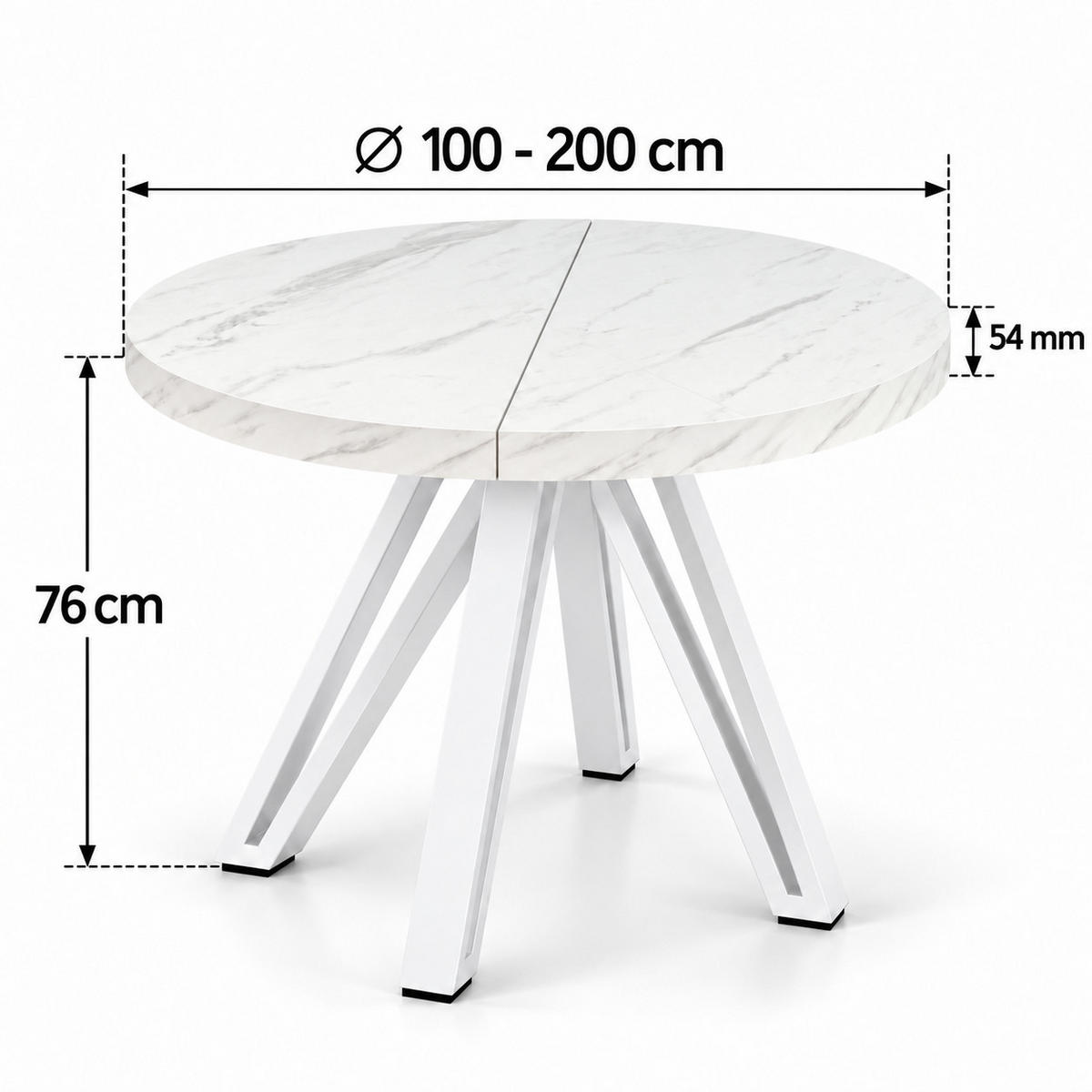 ESSTISCH rund ausziehbar 100/200/76 cm, Marmor, 54 cm Tischplatte + Industrial Metallgestell Weiß - Hellgrau/Weiß, Holzwerkstoff/Metall (100/200/76cm) - Damale Möbel