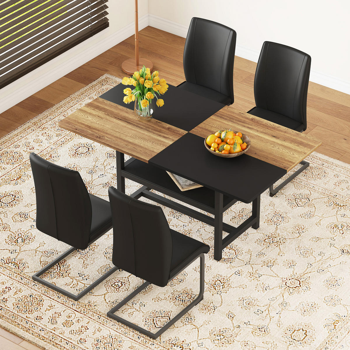 ESSGRUPPE DE-39342 5-teilig, mit Abstellregal und 4 PU-Sesseln Schwarz - Schwarz, Holzwerkstoff (160/76/90cm) - ComfortXL