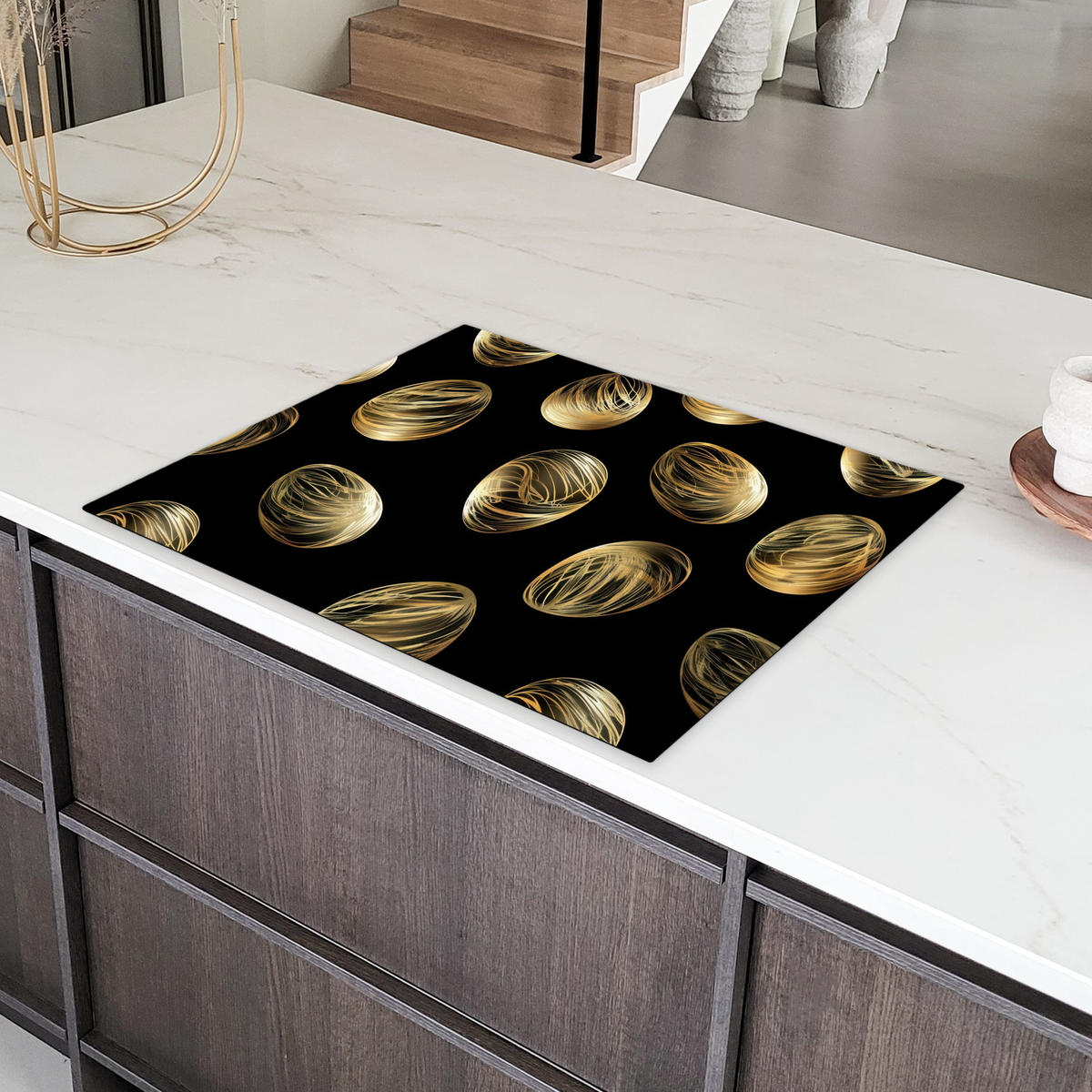 HERDABDECKPLATTE Eier - Gold - Muster Induktionsmatte 77x59 cm - Schwarz, Kunststoff (77/59/0.2cm) - MuchoWow