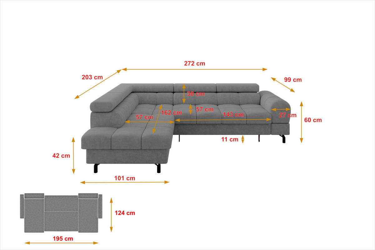 ECKSOFA mit Schlaffunktion Ottomane Links LUMA-L 272x203x70 Grau Velours - Schwarz/Grau, Holzwerkstoff/Kunststoff (272/203cm) - ALTDECOR