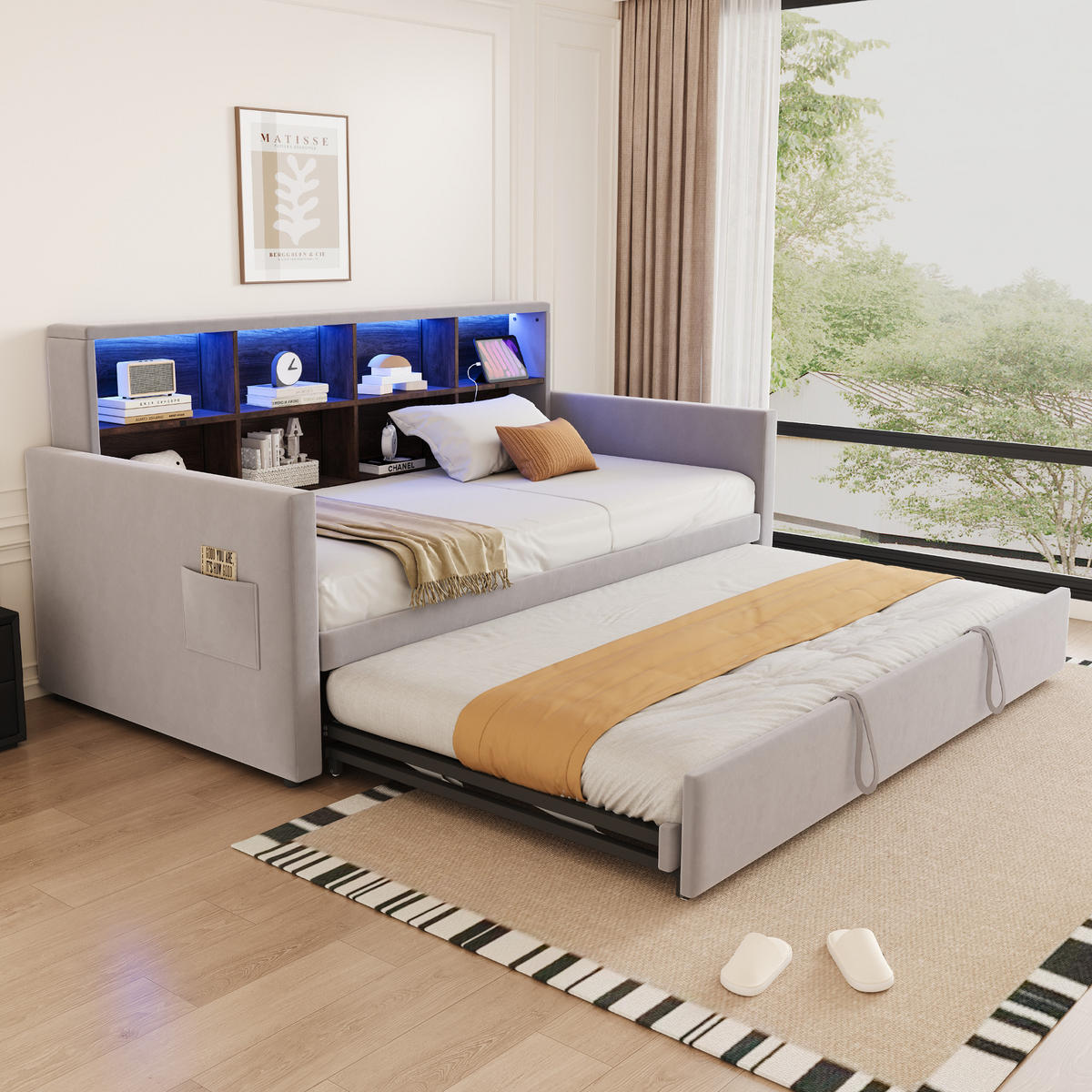 POLSTERBETT 90/190 cm Hellgrau aus Samt mit Ausziehbett und LED-Beleuchtung - Hellgrau, Textil (90/190cm) - OKWISH