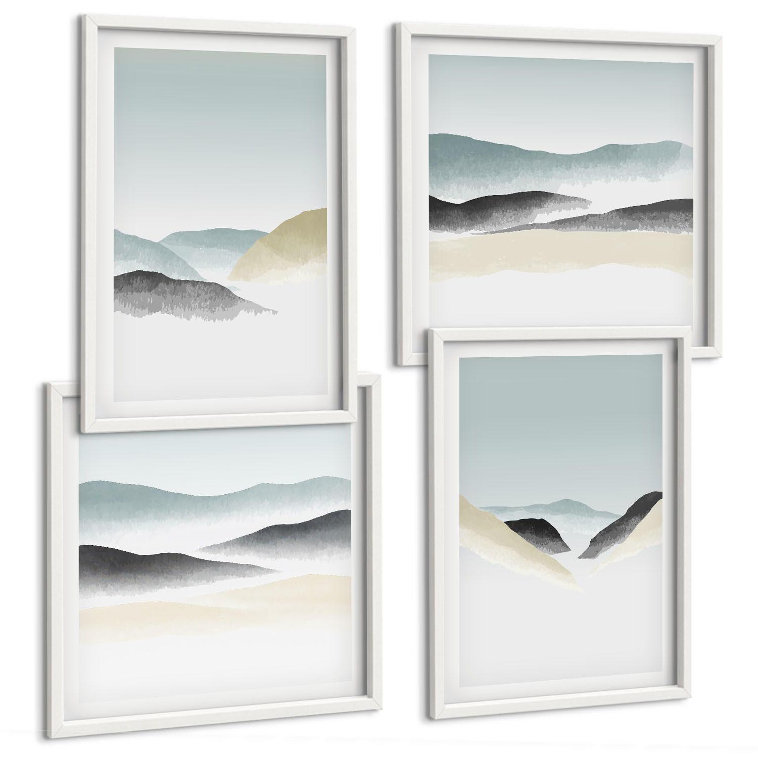 BILDER SET 4er Set - 50x50 cm & 40x60 cm Weißer Rahmen - Berge minimalistische Pastellfarben - Weiß, Kunststoff (50/50cm) - TULUP