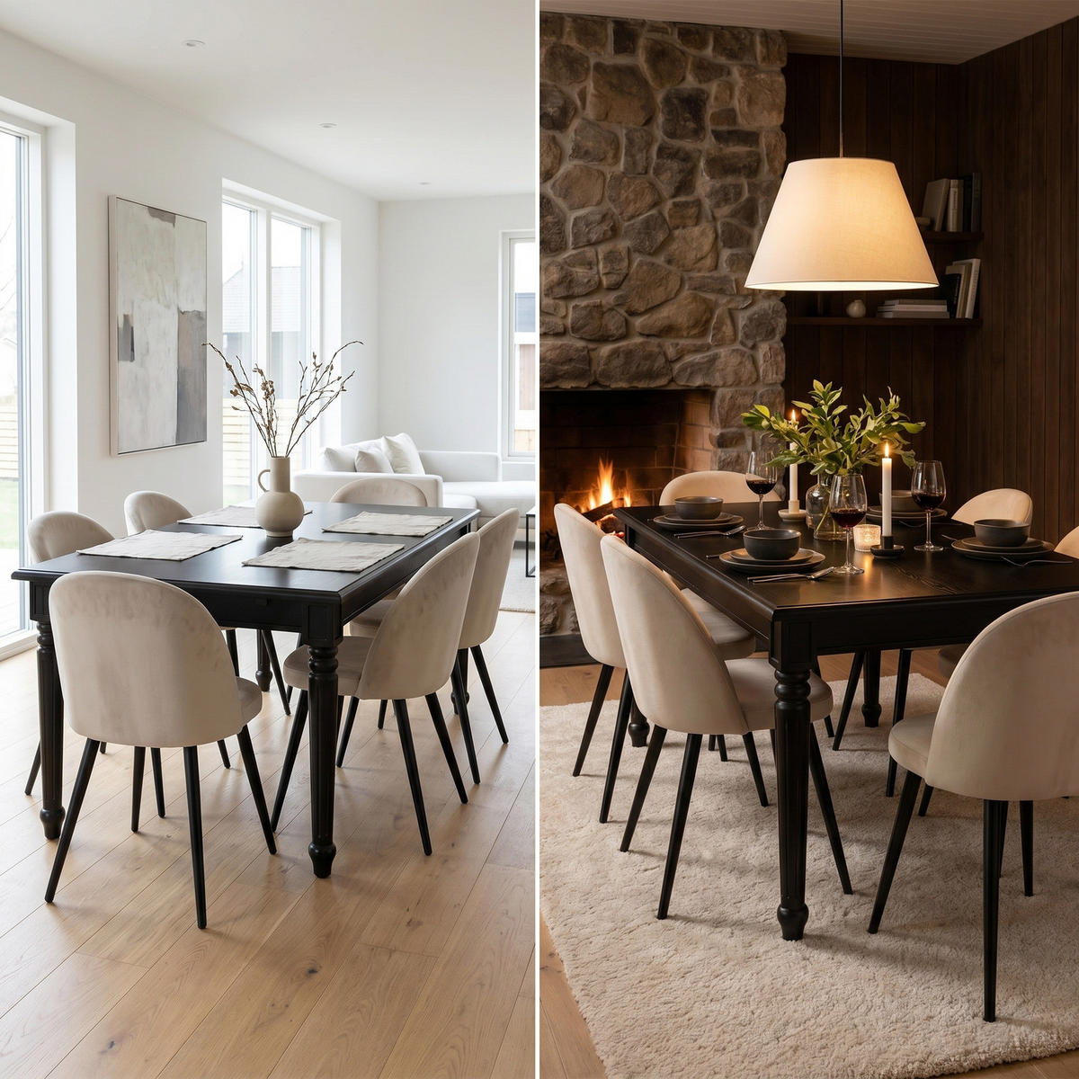ESSGRUPPE Amaretta mit Esstisch Schwarz und 6 Stühlen Samt Beige, 180 x 100 cm - Sandfarben, Holz/Textil (180/75/100cm) - ebuy24