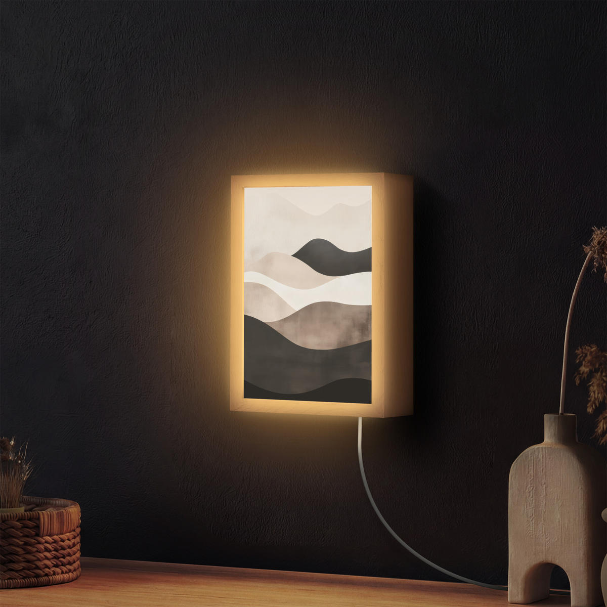 NÁSTĚNNÁ LAMPA Abstraktní - Krajina - Vlny - Krémová barva 20x30 cm - šedohnědá, kompozitní dřevo (20/30/8cm) - OnlyWow