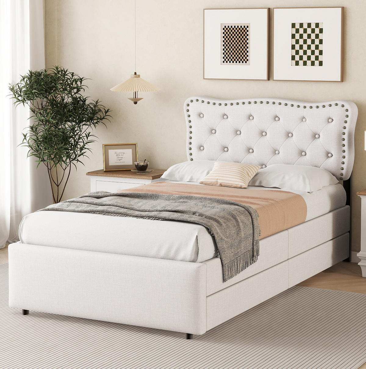 POLSTERBETT 90/200 cm mit 2 Schubladen und gepolstertem Kopfteil, Hellbeige - Beige, Textil (90/200cm) - BEAOK
