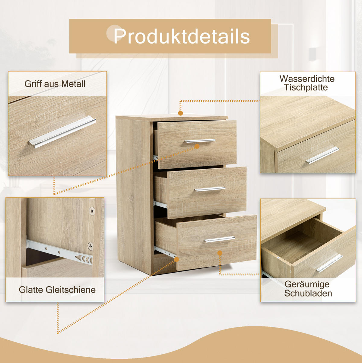 NACHTTISCH-SET (2 Stück) aus Spanplatte mit 3 Schubladen, 37,6/35,2/65,5 cm, Natur - Naturfarben, Holzwerkstoff (37.6/65.5/35.2cm) - Redom