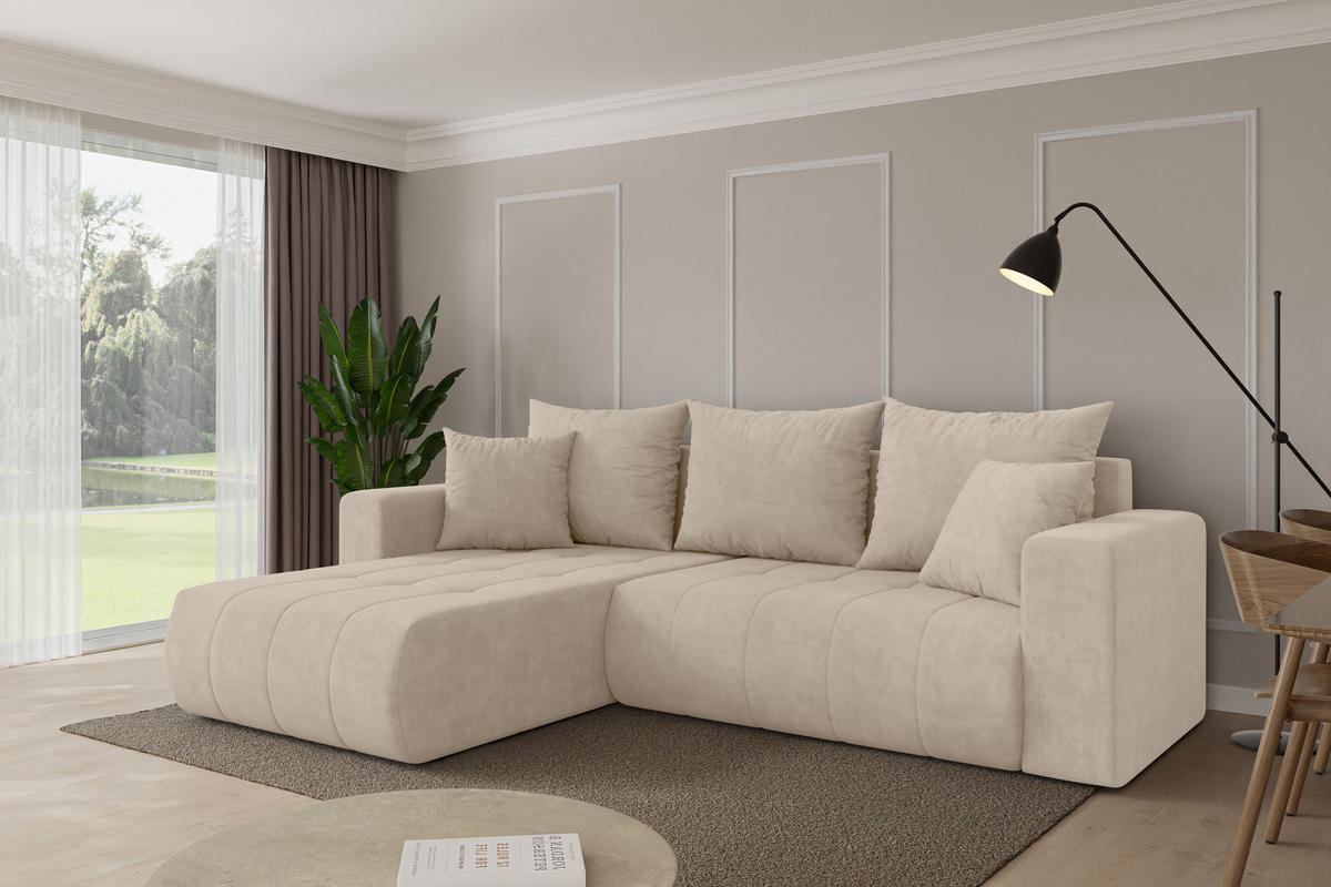 ROHOVÁ SEDAČKA s funkcí spaní, otoman vlevo MILA-L 277x194x86 béžová velur - černá/Sahara, kompozitní dřevo/textil (277/194cm) - ALTDECOR