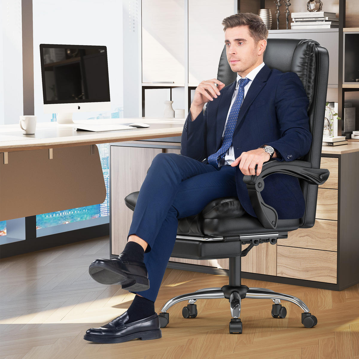 CHEFSESSEL mit Fußstütze Ergonomisch PU Leder Höhenverstellbar Schwarz - Schwarz, Leder (62/117/71cm) - Rattantree