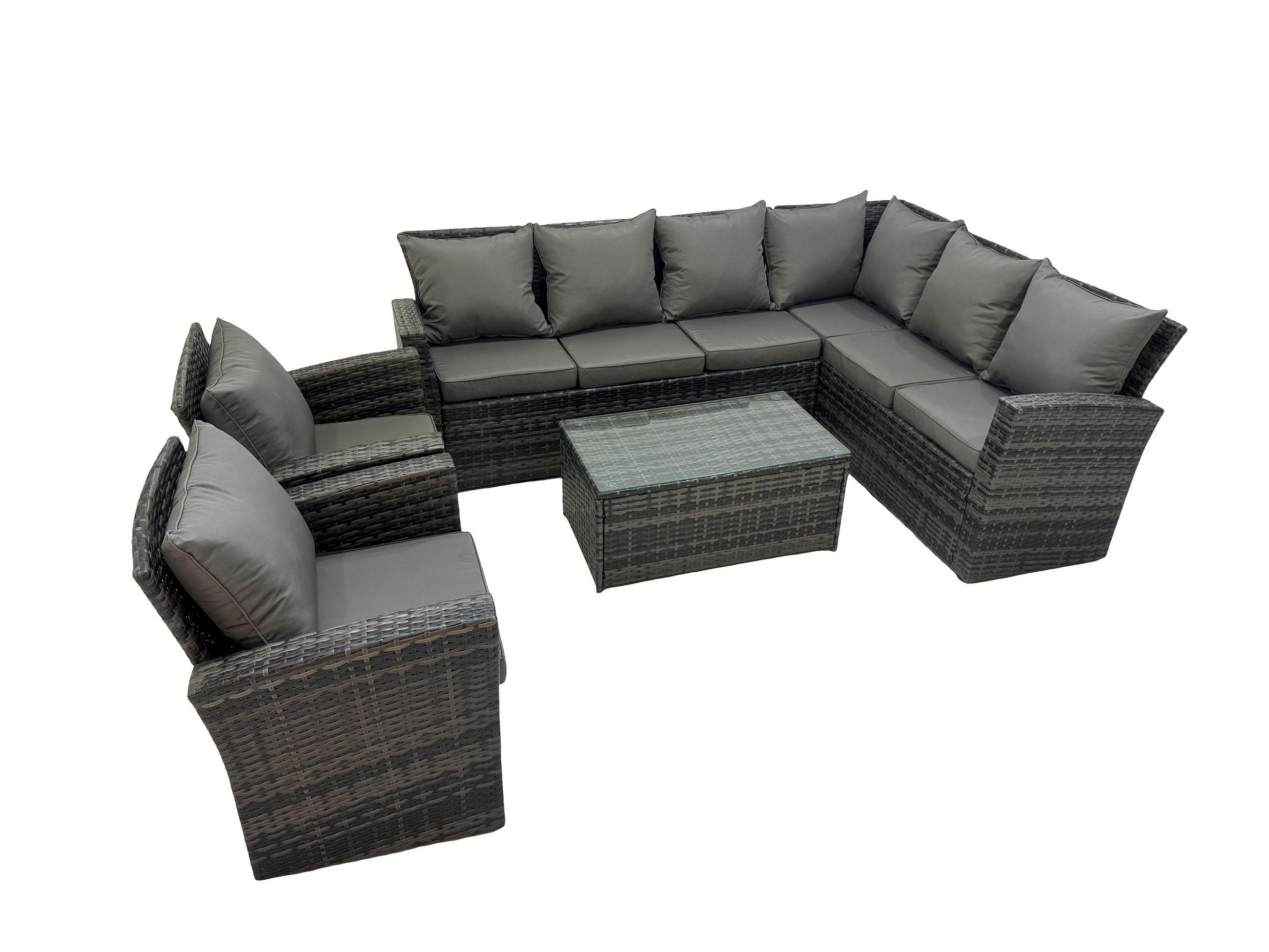 LOUNGEMÖBEL-SETS mit Couchtisch Sofa Polyrattan Dunkelgrau 8-Sitzer - Dunkelgrau/Grau, Glas/Kunststoff - Fimous