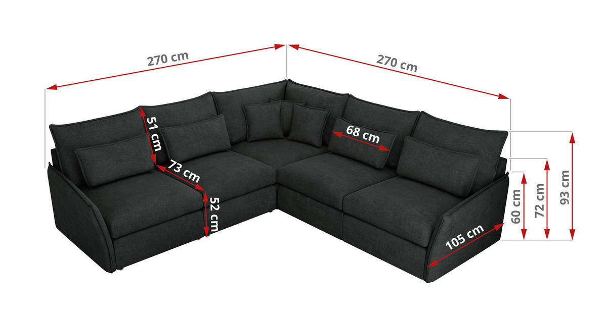 ECKSOFA VERSO L Dunkelgrau Struktur - Dunkelgrau/Schwarz, Kunststoff/Textil (270/270cm) - MKS