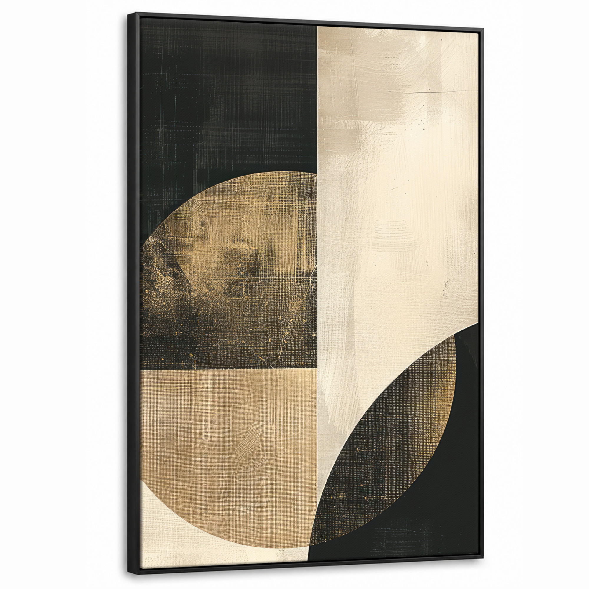 LEINWAND Bilder mit Rahmen - Abstrakt - Geometrische Formen - Schwarz - Gold - 80x120 - Ecru, Textil (80/120cm) - MuchoWow