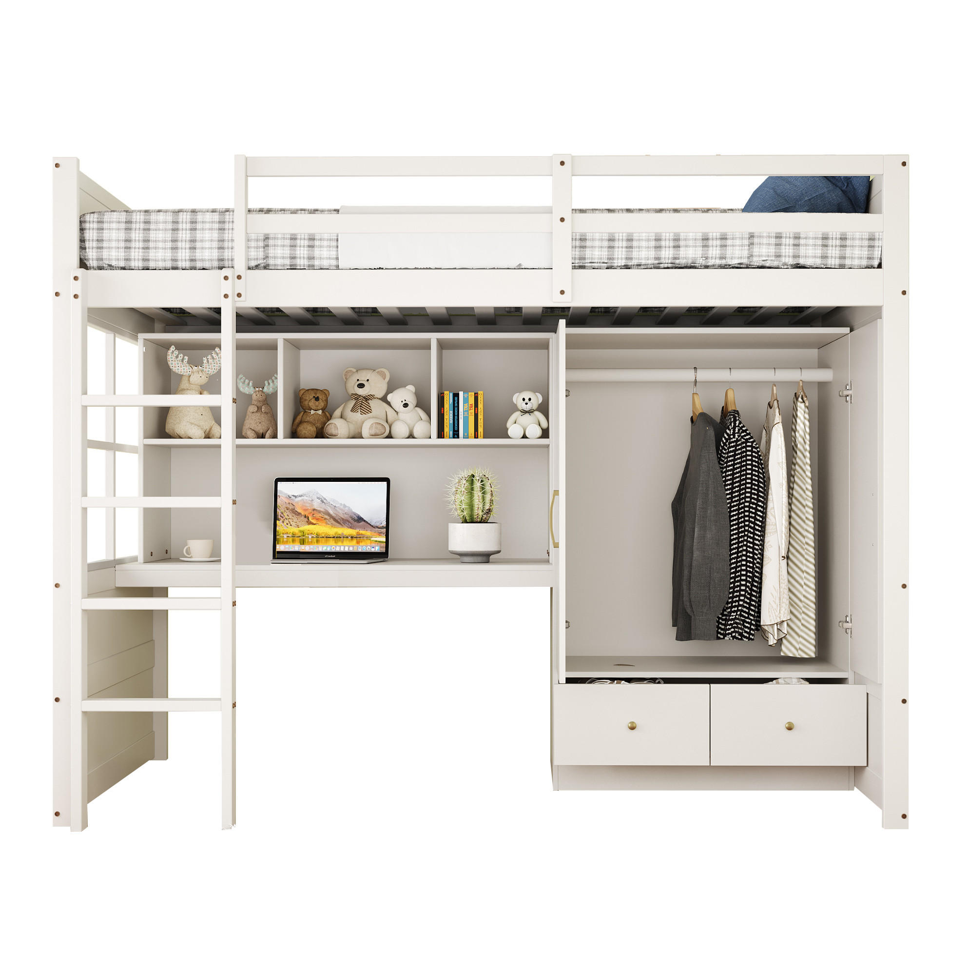 HOCHBETT 90/200 cm mit Leiter, Schreibtisch, Kleiderschrank und Schubladen aus Holzwerkstoff, Weiß - Weiß, Holzwerkstoff (90/200cm) - Redom