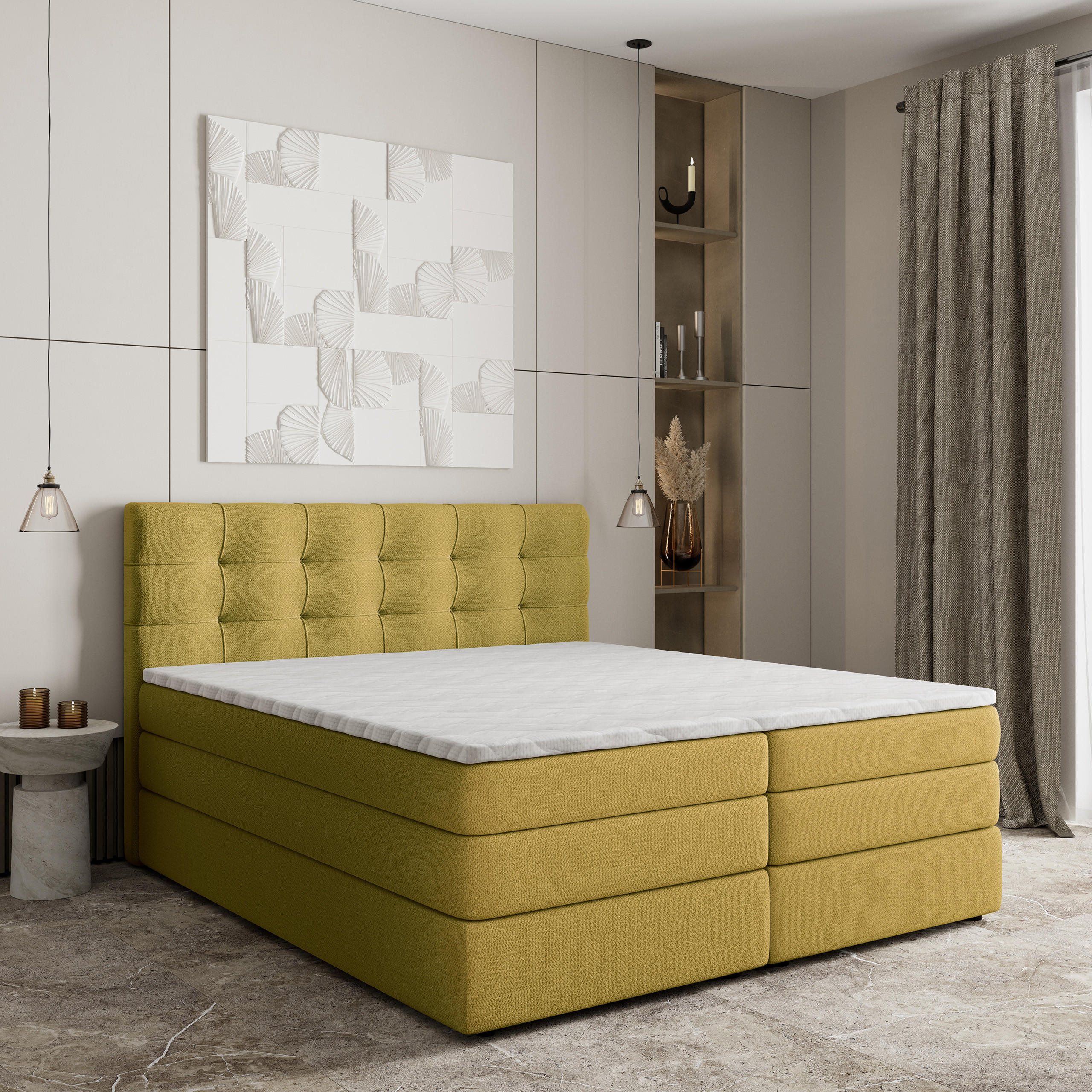 BOXSPRINGBETT AREZI 160x200 cm mit Matratze und Topper - Gelb - Gelb, Holz (160/200cm) - MASSENO