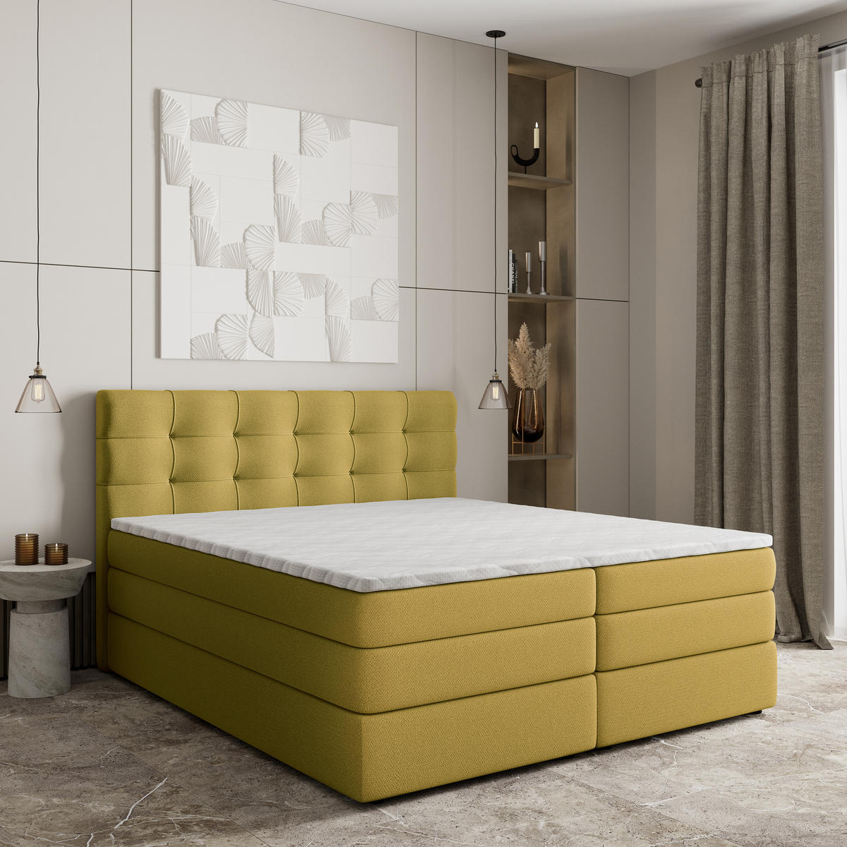 BOXSPRINGBETT AREZI 140x200 cm mit Matratze und Topper - Gelb - Gelb, Holz (140/200cm) - MASSENO