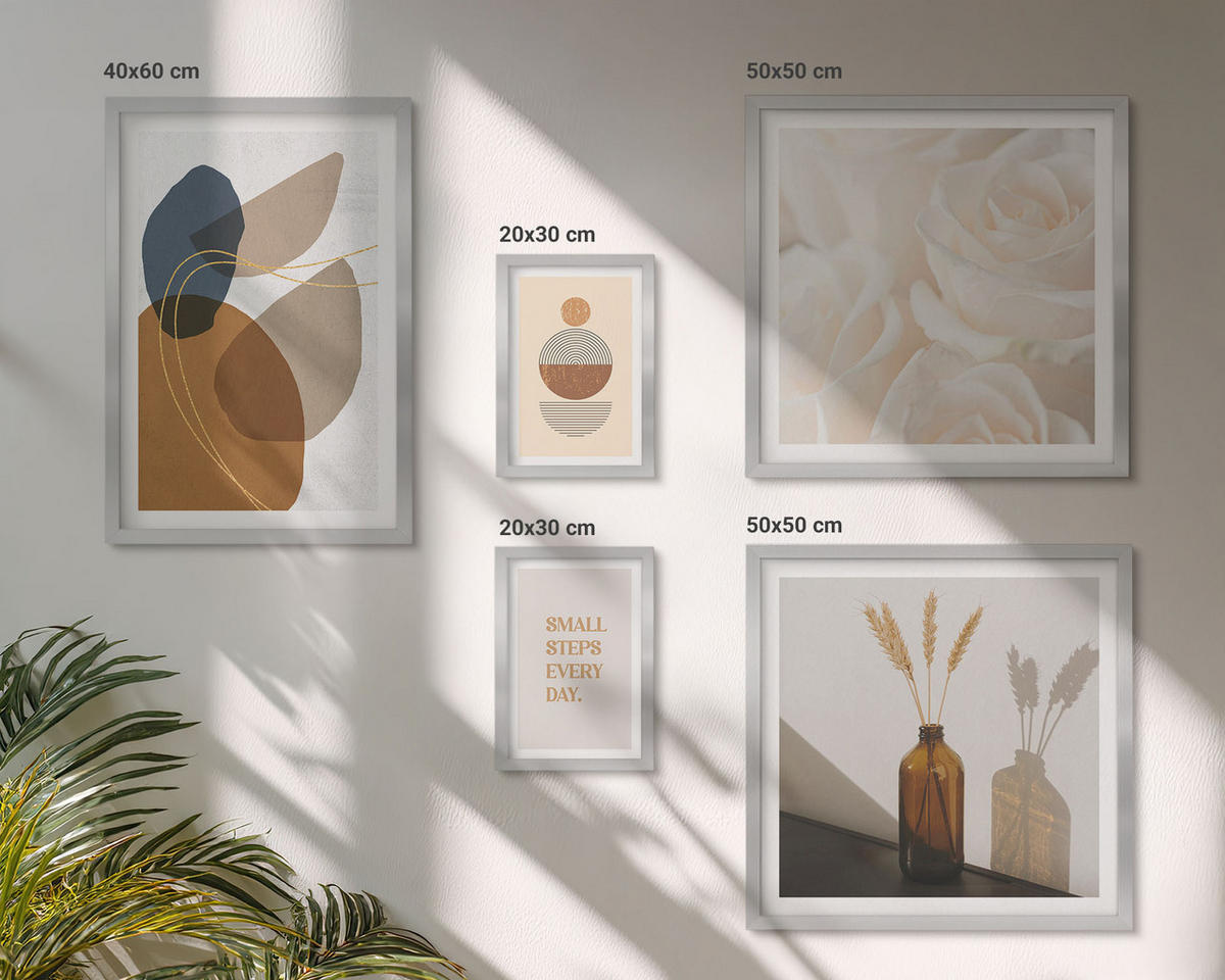 BILDER SET 5er Set - 50x50 cm & 20x30 cm & 40x60 cm Silberner Rahmen - Abstrakte Formen Akzente - Silberfarben, Kunststoff (40/60cm) - TULUP