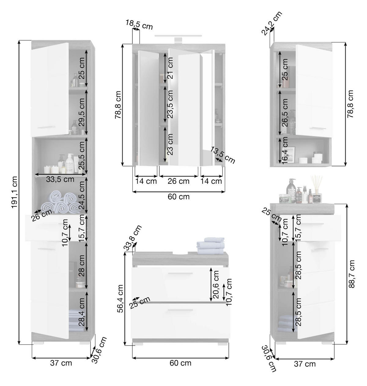BADMÖBEL-SET weiß Hochglanz, grau 5-teilig 164 cm, Komplettset mit 20 Fächern - Weiß Hochglanz/Grau, Holzwerkstoff (164/191/34cm) - Inn.Furn