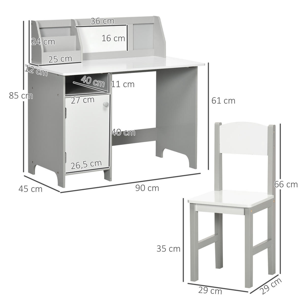 KINDER-SCHREIBTISCHSET DE-17514 mit Weißwandtafel und Stauraum Grau - Grau, Holzwerkstoff (90/85/45cm) - ComfortXL
