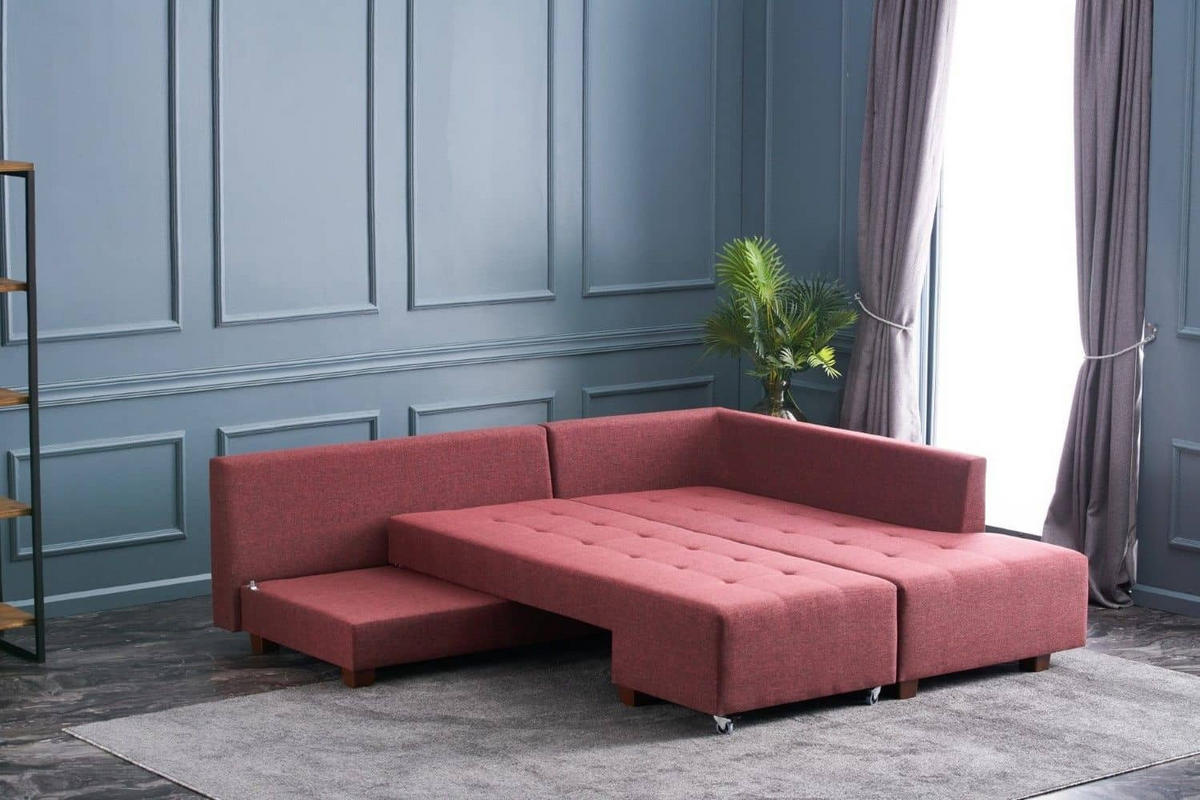 ECKSOFA mit rollbarer Schlaffunktion - Rot/Walnussfarben, Holzwerkstoff/Kunststoff (206/280cm) - myHomelando
