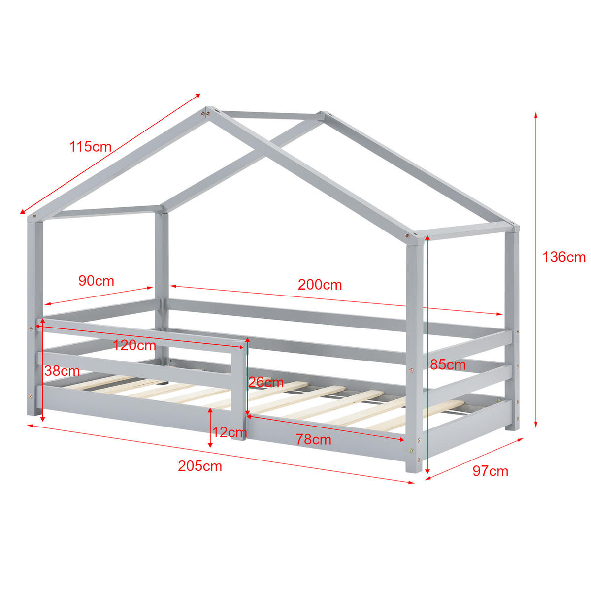 HAUSBETT Knätten - Hellgrau, Holz (90/200cm) - [en.casa]