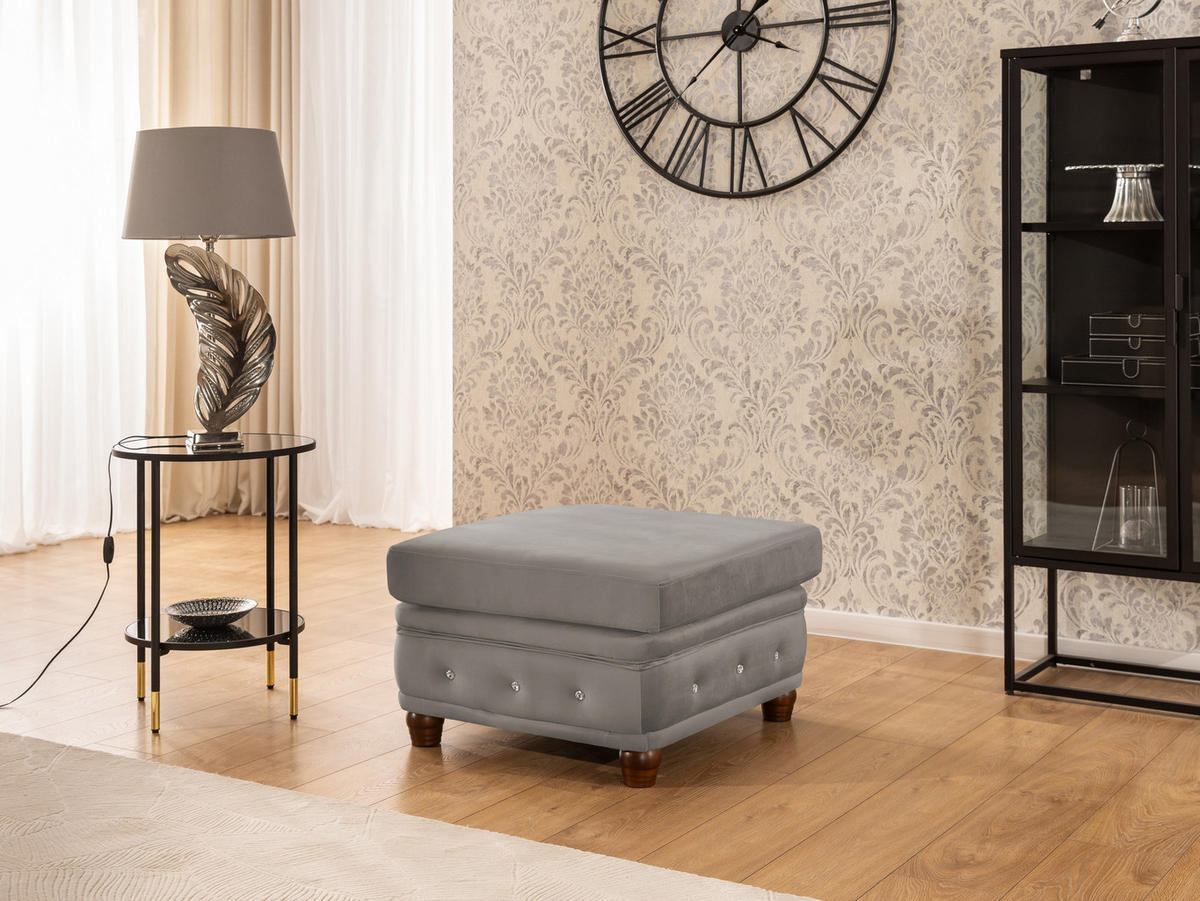 HOCKER Chesterfield Cleo Blink Grau Samt mit Kristallsteppung und braunen Massivholzfüßen - Braun/Grau, Holz/Textil (75/45/70cm) - S-Style Möbel