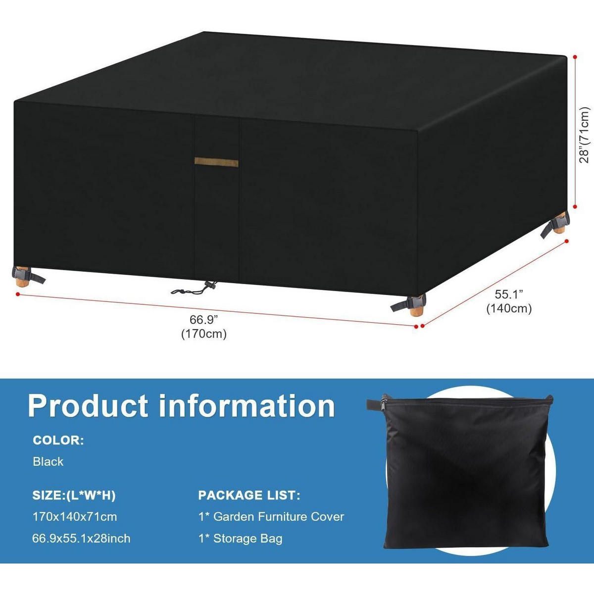 ABDECKUNG Gartenmöbel Rechteckig 170 x 140 x 71 cm - Schwarz, Kunststoff (1/1/1cm)