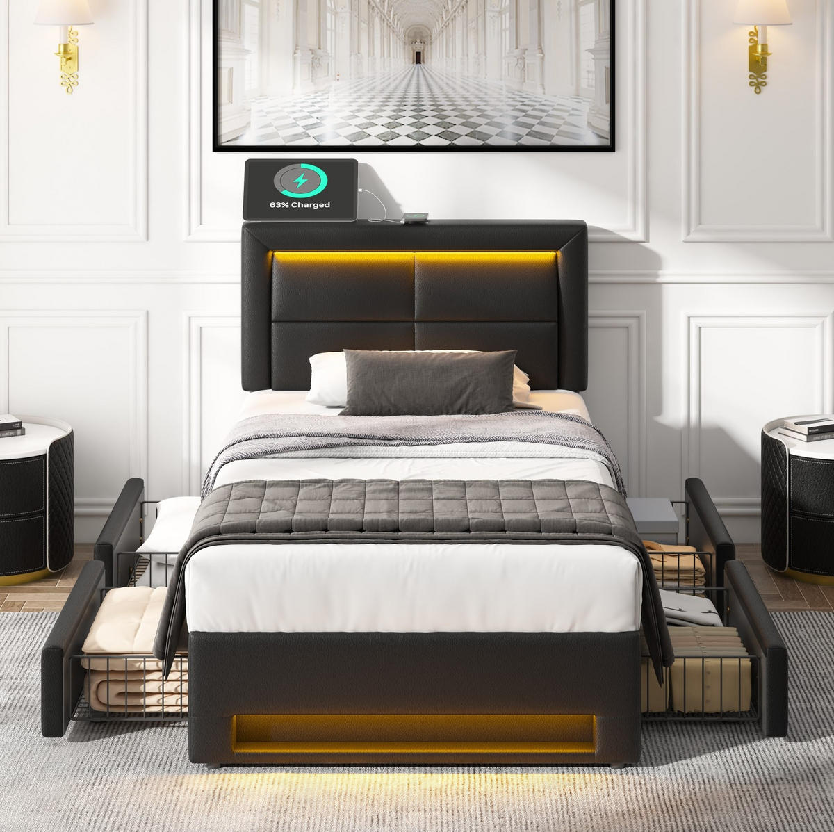 POLSTERBETT 90/200 cm Schwarz mit USB-Anschluss und LED-Beleuchtung - Schwarz, Kunststoff (90/200cm) - OKWISH