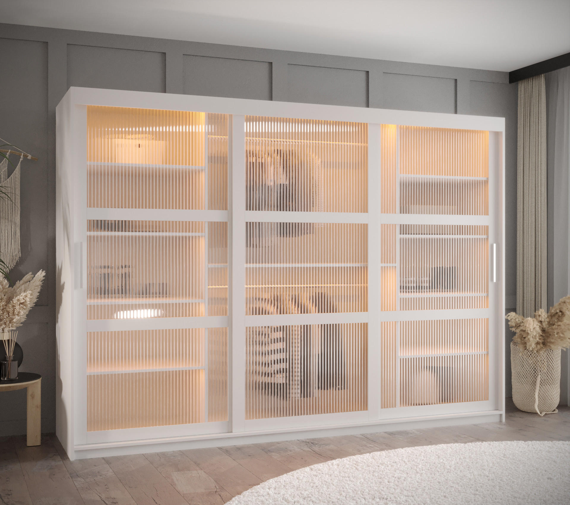 SCHWEBETÜRENSCHRANK 200/250/62 3-türig - Silberfarben/Weiß, Holz/Kunststoff (250/200/62cm) - Abiks Möbel