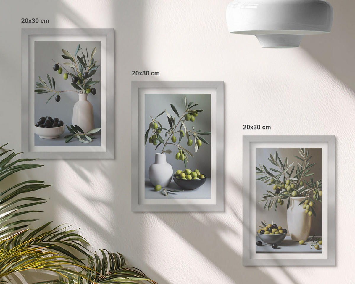 WANDBILDER 3er Set - 20x30 cm Silberner Rahmen - Oliven in schlichten Vasen - Silberfarben, Kunststoff (20/30cm) - ArtPrintCave