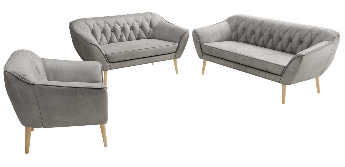 SEDACÍ SOUPRAVA 3+2+1 PIRS - Světle šedá Samet - Dřevěné nohy - světle šedá/barva buku, kompozitní dřevo/textil (180/75/74cm) - MKS