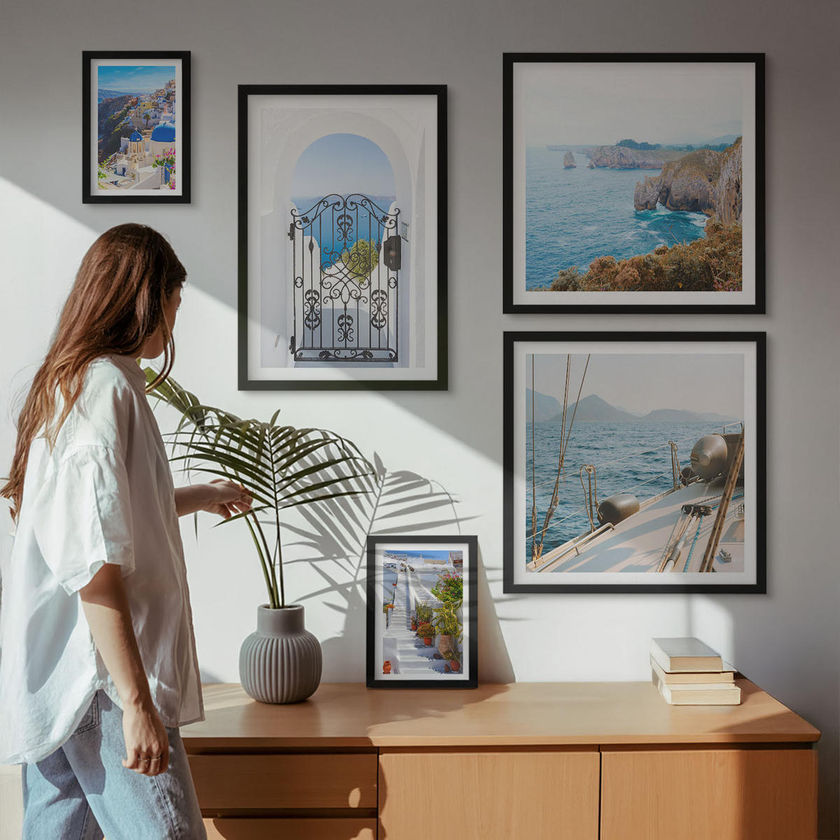 BILDER SET 5er Set - 50x50 cm & 20x30 cm & 40x60 cm Schwarzer Rahmen - Griechische Architektur auf Santorin, Oia - Schwarz, Kunststoff (40/60cm) - TULUP