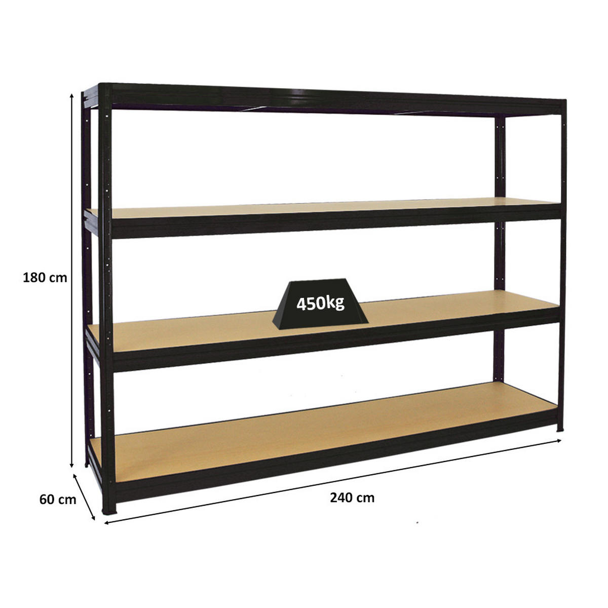 SCHWERLASTREGAL Dino 180x240x60 cm Fachlast 450kg Schwarz - Schwarz, Metall (240/180/60cm) - PROREGAL