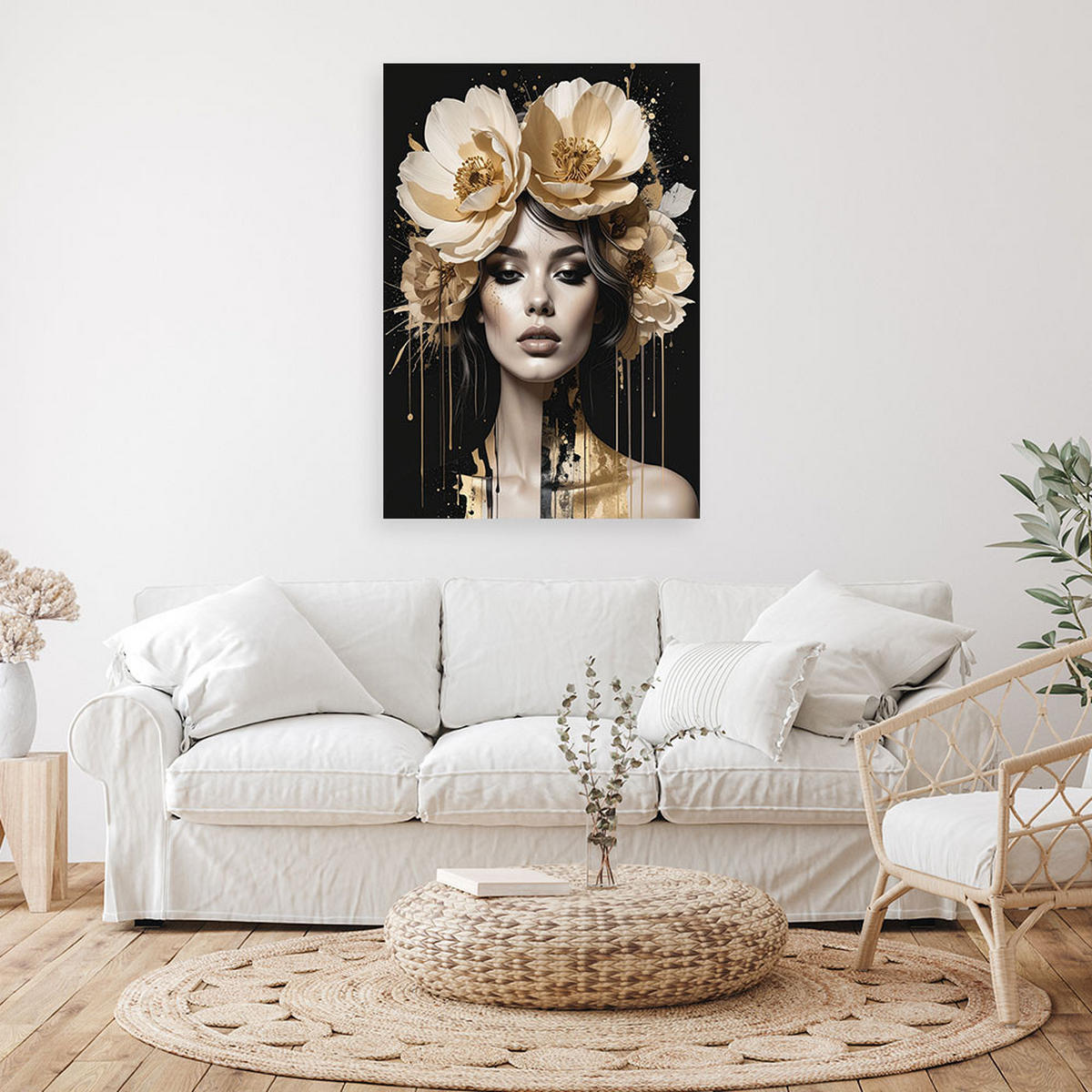 BILD auf Leinwand, Frau Glamour mit Blumen auf dem Kopf in beige und gold - Beige, Textil (40/60cm) - Feeby
