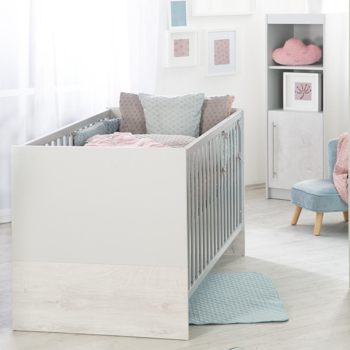 BABYZIMMER-SET Maren 2, mit breiter Wickelkommode, 3-teilig - Hellgrau, Holzwerkstoff (76/80/142cm) - Roba