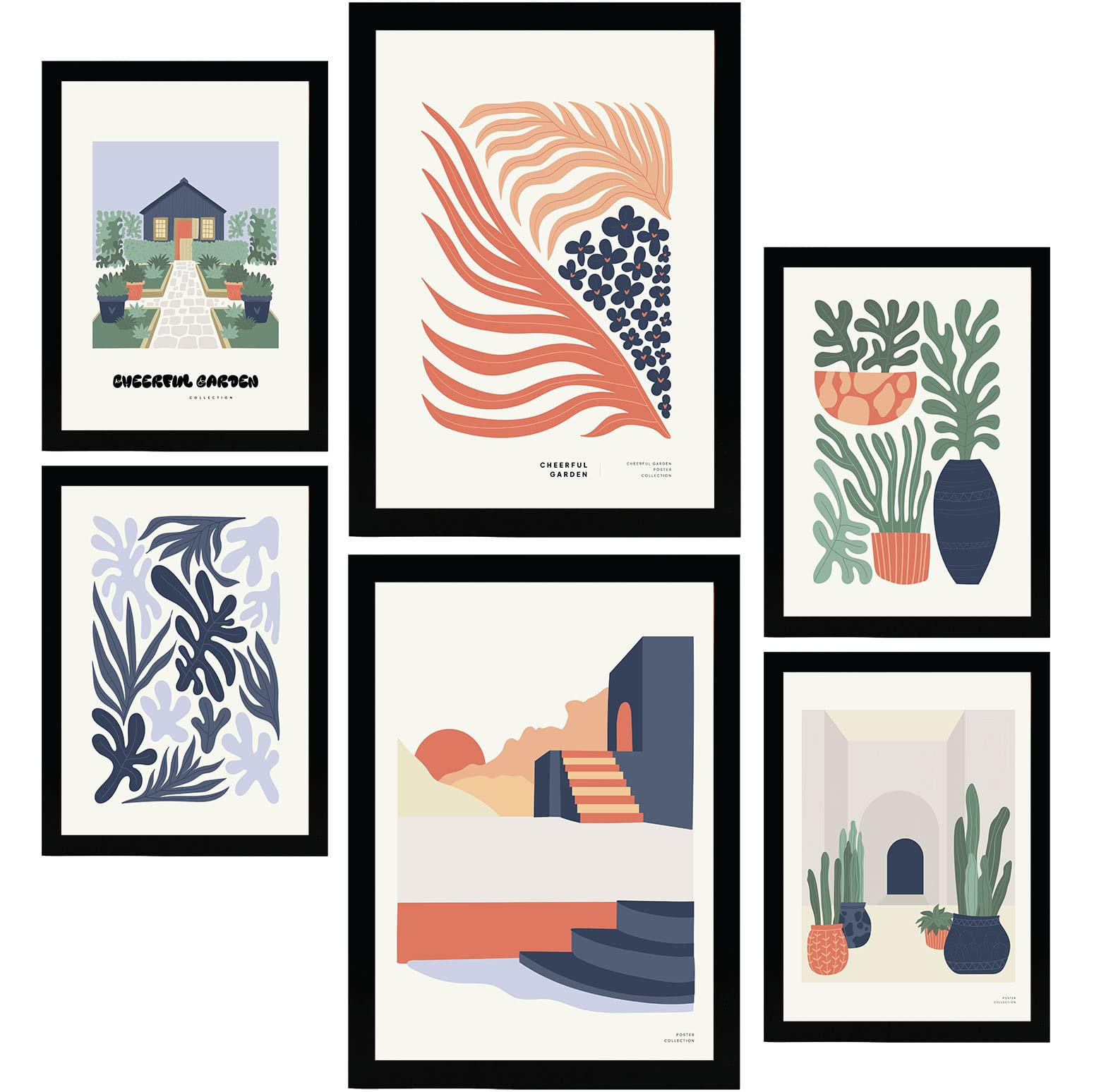 POSTER Set Mit 6 Minimalistischen In Pastellfarben Fröhlicher Garten Drucke Von Landschaften Und Natur Für Innenarchitektur A3 & A4 Schwarzer Rahmen - Schwarz, Papier (29/3cm) - Nacnic