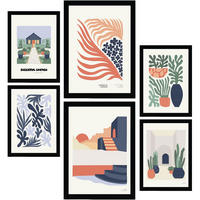 POSTER Set Mit 6 Minimalistischen In Pastellfarben Fröhlicher Garten Drucke Von Landschaften Und Natur Für Innenarchitektur A3 & A4 Schwarzer Rahmen - Schwarz, Papier (29/3cm) - Nacnic