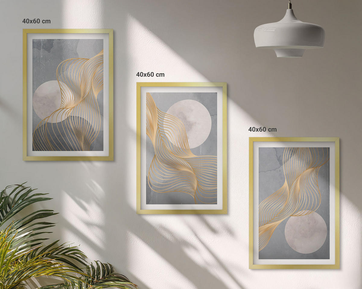 BILDER SET 3er Set - 40x60 cm Goldrahmen - Abstrakte Muster Wellen Kreise - Goldfarben, Kunststoff (40/60cm) - TULUP