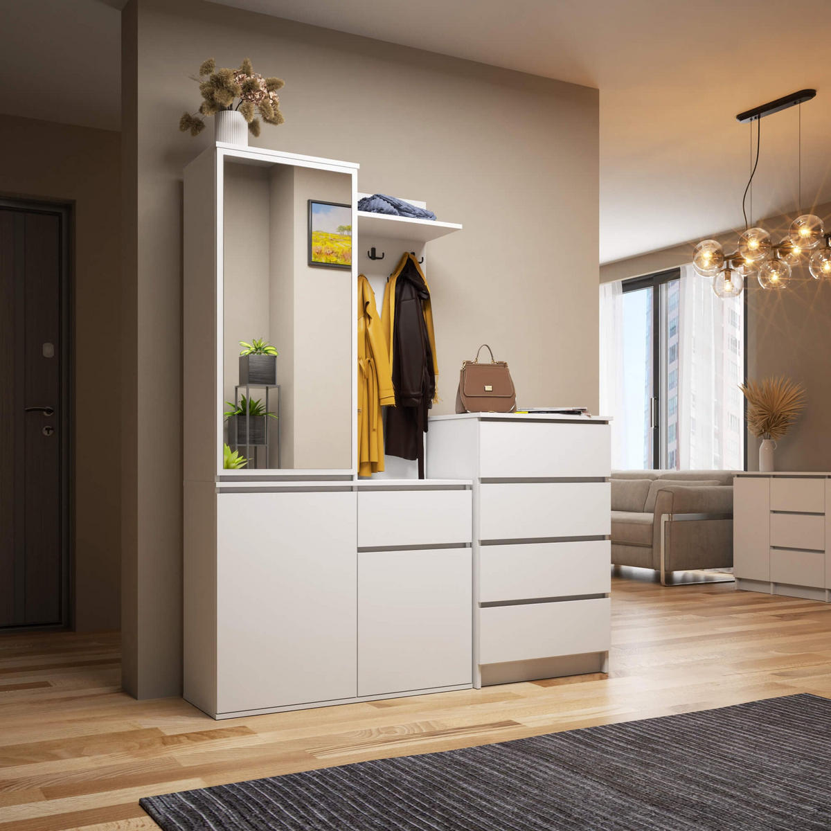 GARDEROBE Entro mit Spiegel, Weiß, 95x183x35 cm - Weiß, Holzwerkstoff (95/183/35cm) - Akord