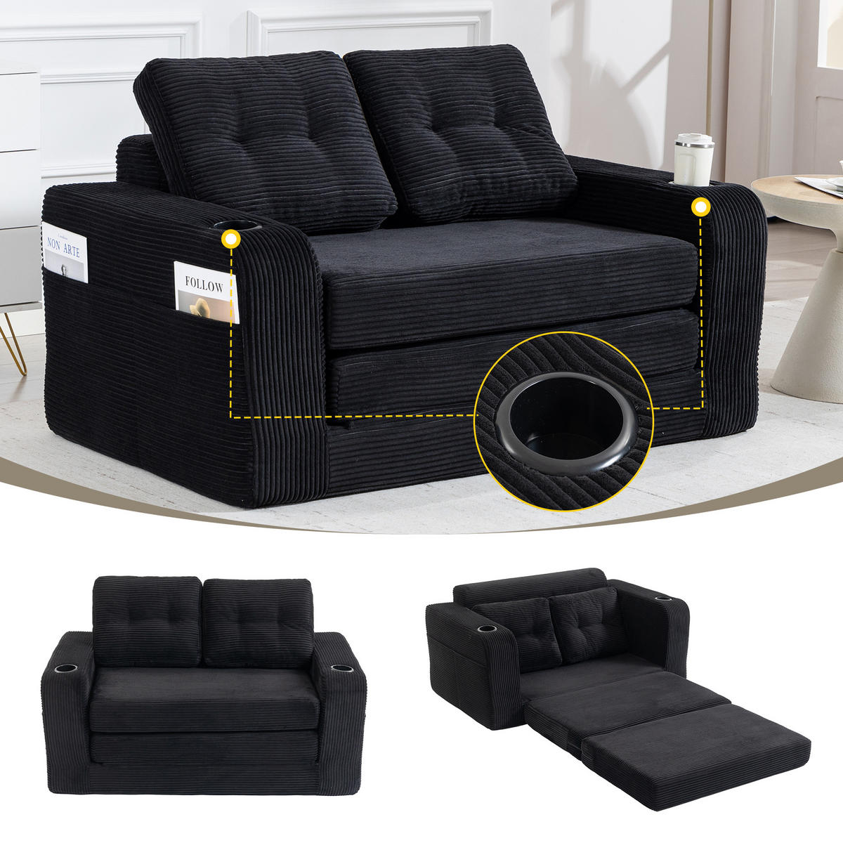SCHLAFSOFA in Schwarz Cord mit Getränkehalter und Seitentaschen - Schwarz, Textil (136/82.5/80cm) - Oxeza
