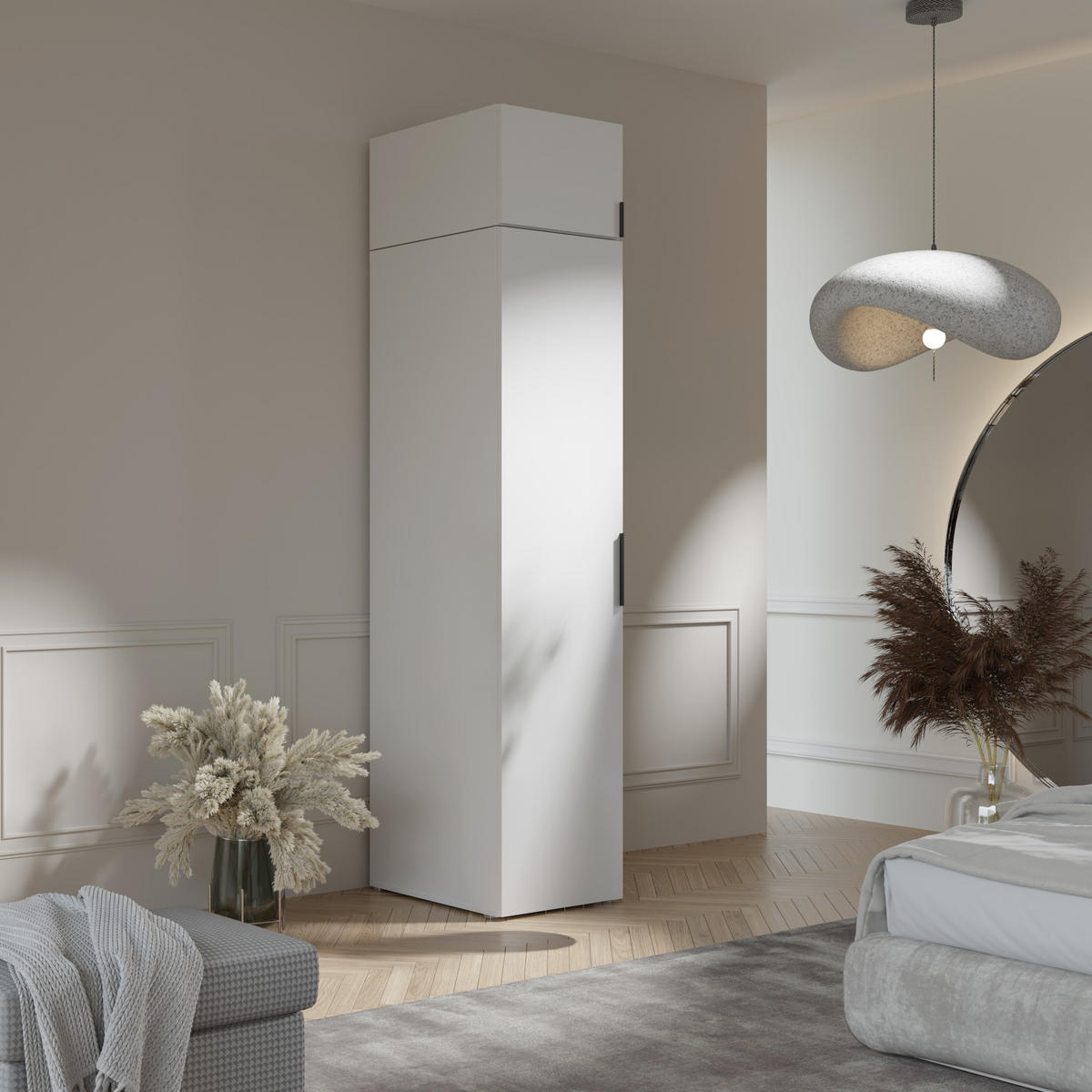 DREHTÜRENSCHRANK mit Einlegeböden und Aufsatz Napoli 1D 50 Weiß (schwarzer oder goldener Griff) - Silberfarben/Schwarz, Holzwerkstoff/Kunststoff (50/35/60cm) - mzm24