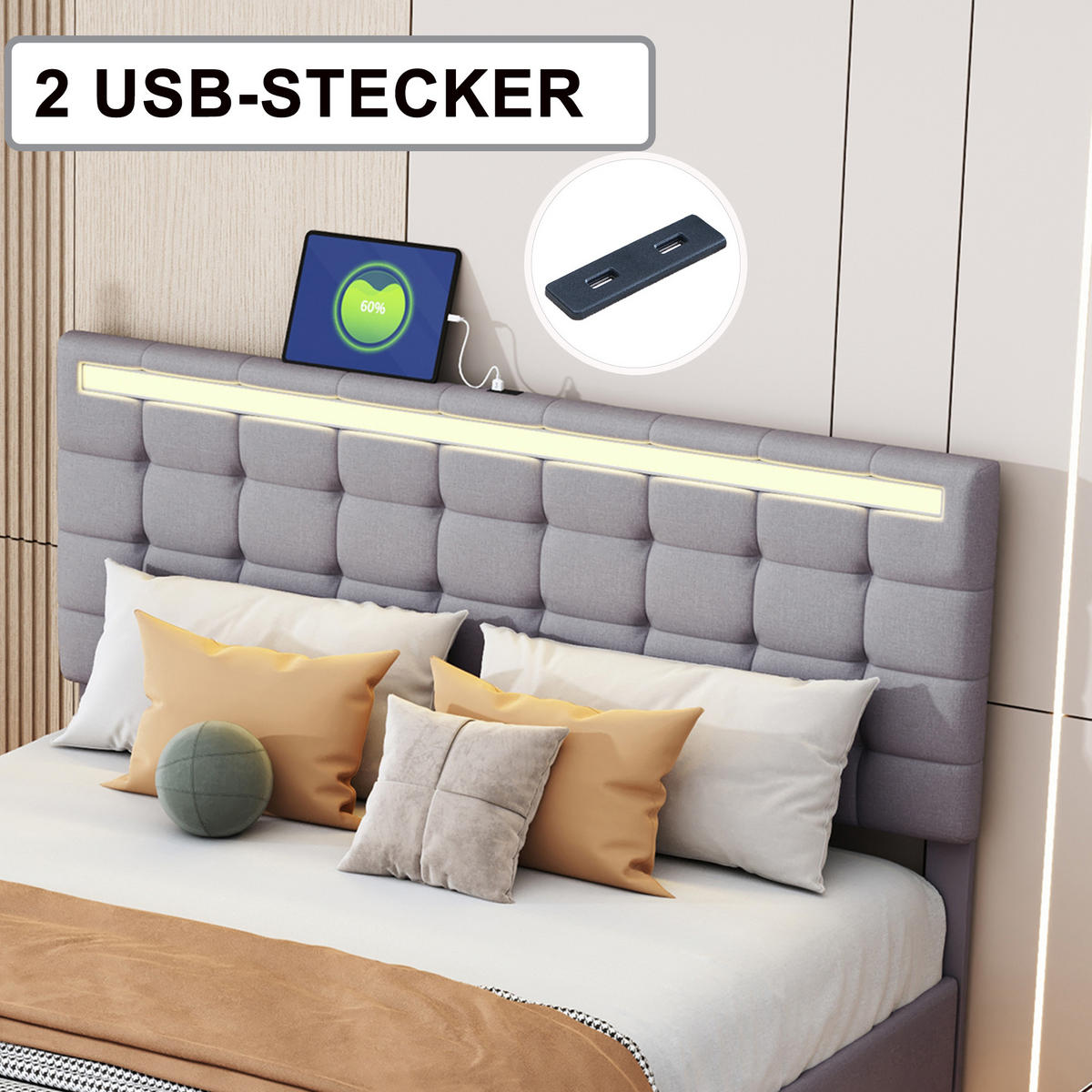 POLSTERBETT 140x200 LED Kopfteil Leinen Stoff Grau - Grau, Holzwerkstoff - FLIEKS